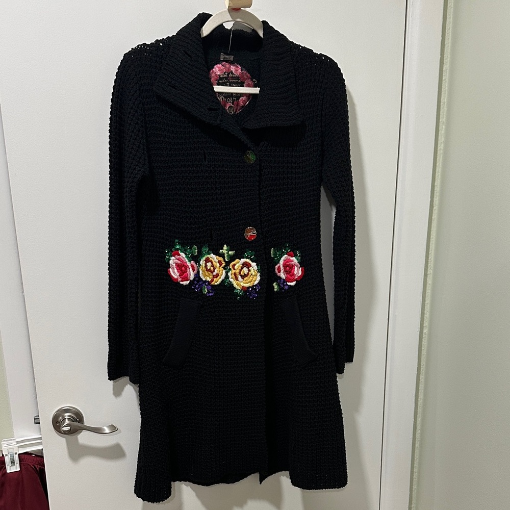 Desigual Black Knit sweater/coat with Floral Accents